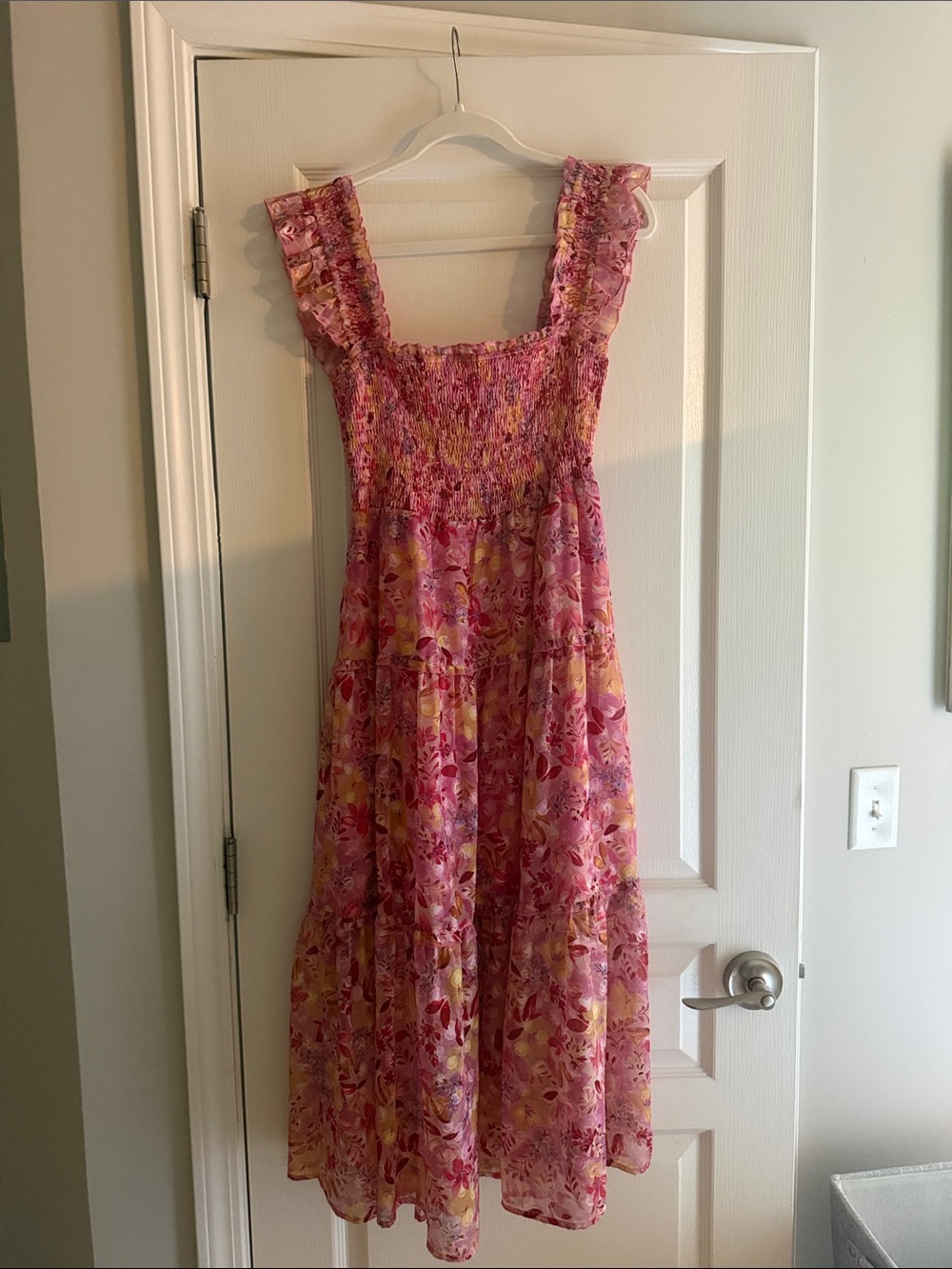 Greylin Pink Floral Smocked Midi Dress